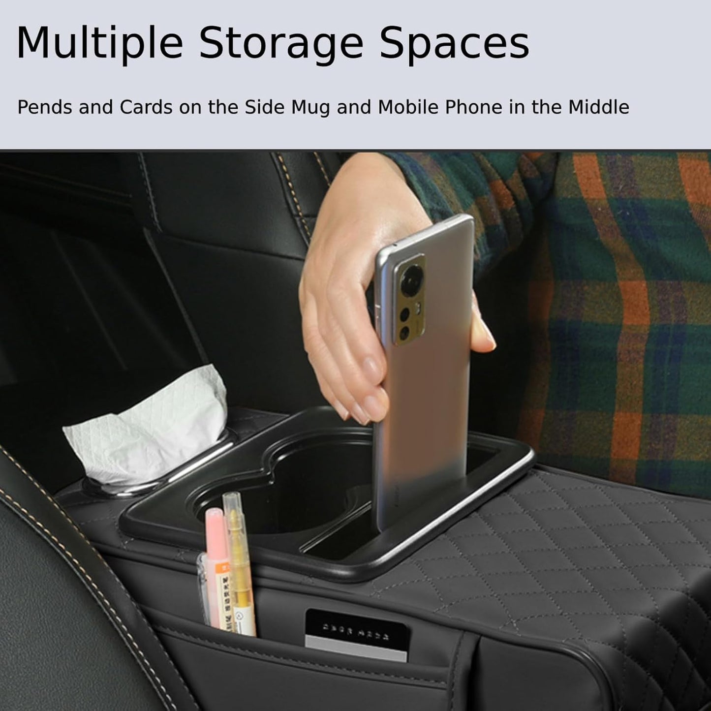 Premium Car Armrest Organizer with Cup Holder, Tissue Box & Phone Stand – Universal Fit Car Storage Box