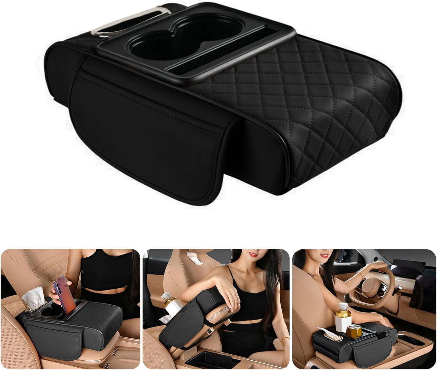 Premium Car Armrest Organizer with Cup Holder, Tissue Box & Phone Stand – Universal Fit Car Storage Box