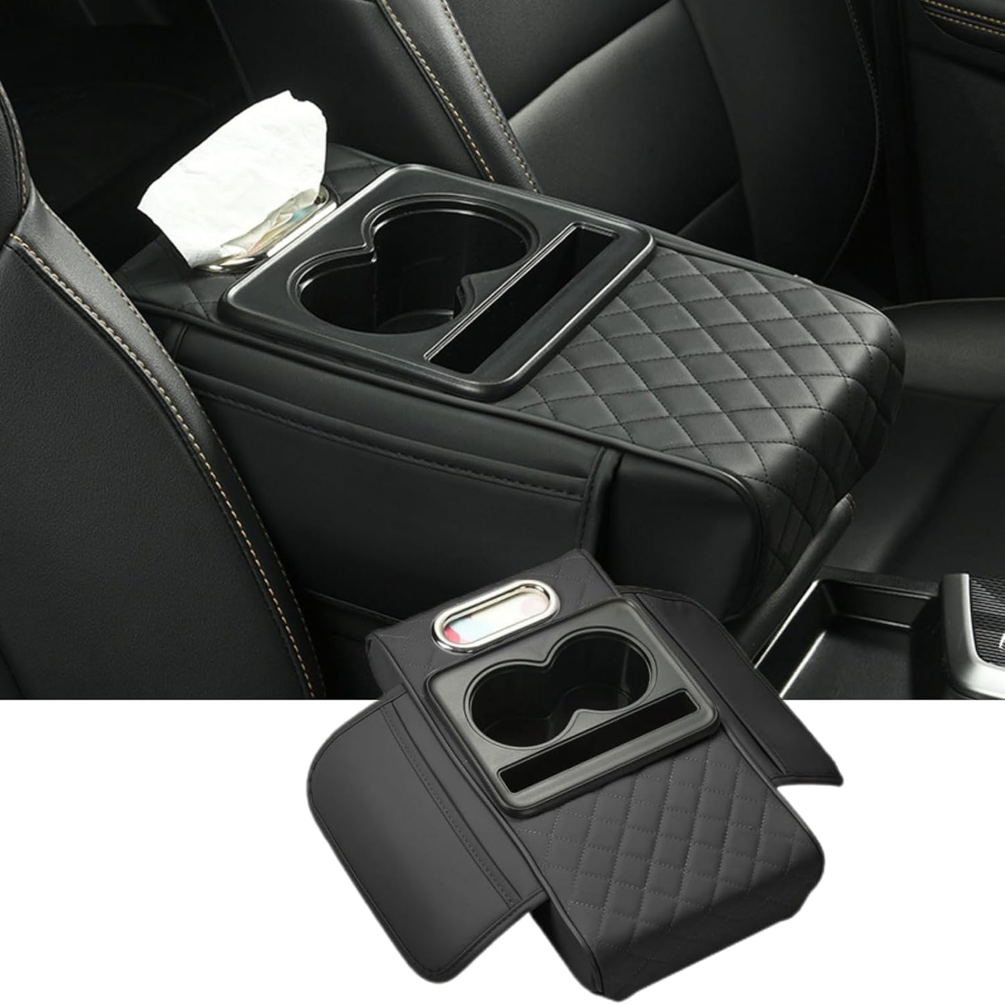 Premium Car Armrest Organizer with Cup Holder, Tissue Box & Phone Stand – Universal Fit Car Storage Box